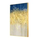 Modern luxury wall art with gold and blue abstract design in an aluminium frame.