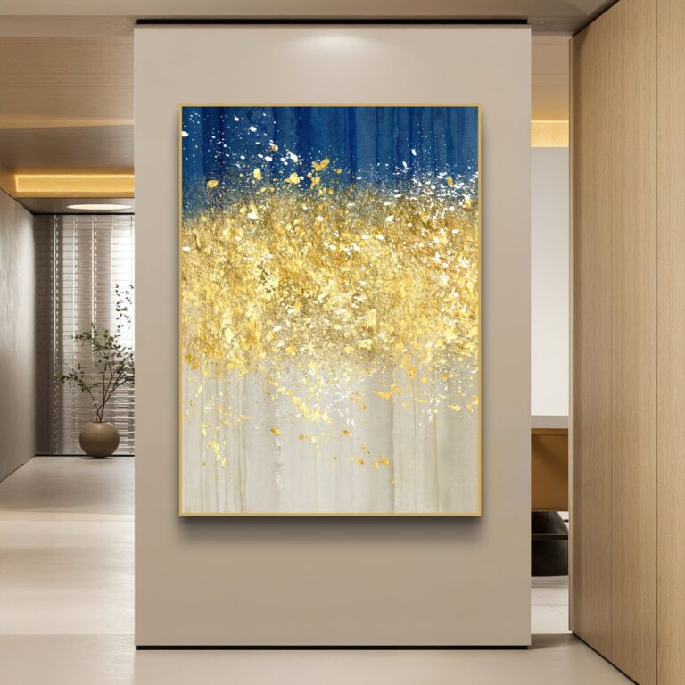 Modern luxury wall art with gold and blue abstract design in a sleek hallway.