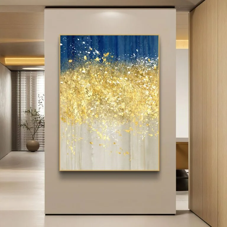 Modern luxury wall art with gold and blue abstract design in a sleek hallway.