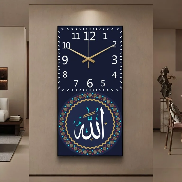 Modern Islamic wall clock with Arabic calligraphy and gold accents in a luxury living room.