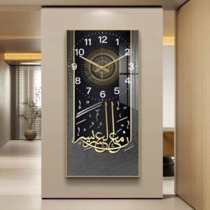 Modern Islamic wall clock with Arabic calligraphy and gold accents in a luxury home setting.