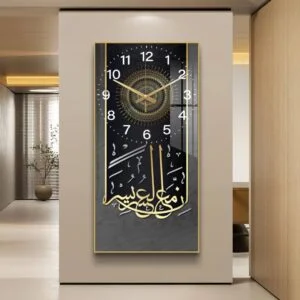 Modern Islamic wall clock with Arabic calligraphy and gold accents in a luxury home setting.