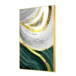 Modern abstract wall art with gold, green, and white swirls in an aluminium frame.