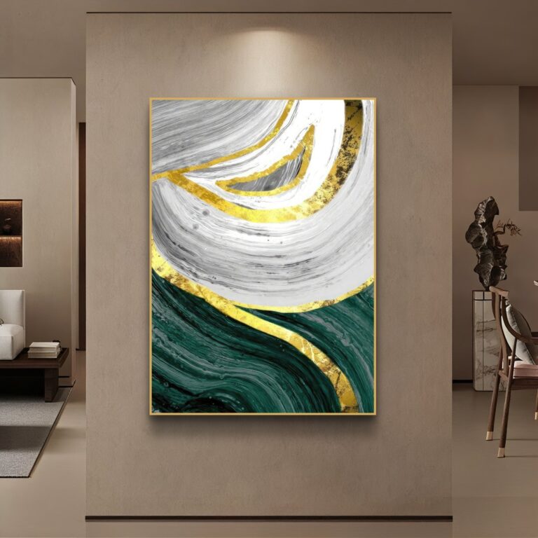 Modern abstract wall art with gold, green, and white swirls in a luxury living room setting.