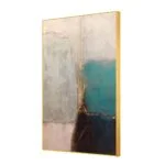 Modern abstract wall art with gold frame, featuring blue and gray tones.