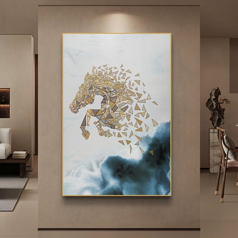 Modern geometric horse wall art with gold accents in a luxury living room setting.
