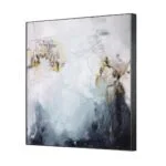Modern abstract wall art with black frame, featuring white, gray, and gold tones.