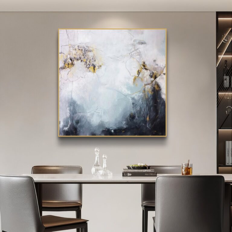 Modern abstract wall art in a luxury dining room setting.
