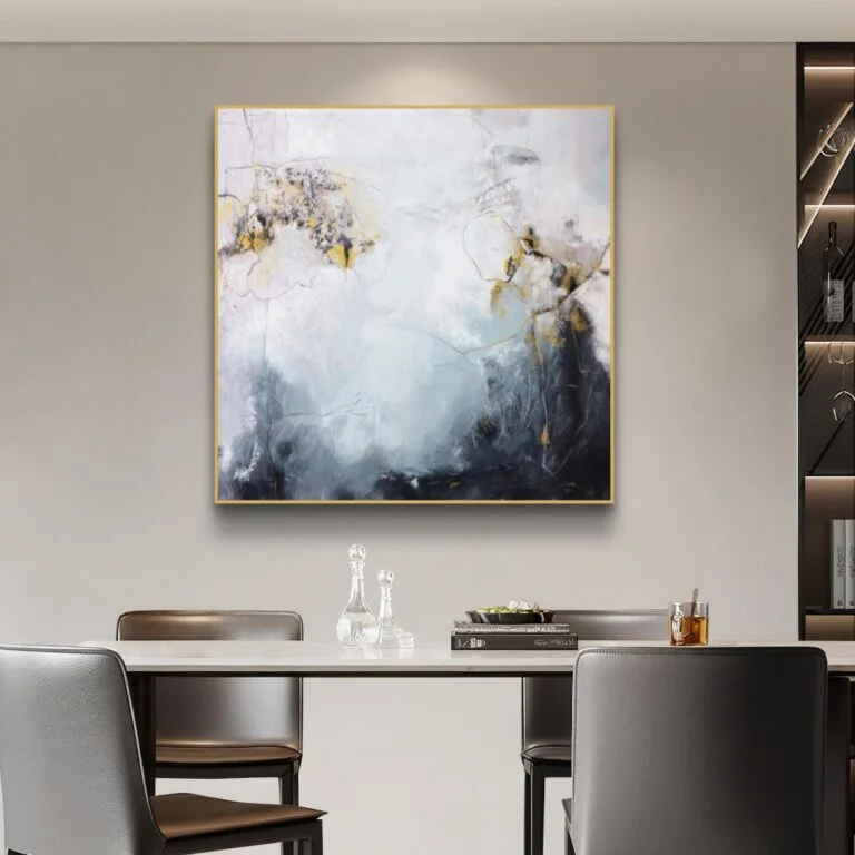 Modern abstract wall art in a luxury dining room setting.
