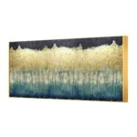 Modern luxury wall art with gold and blue abstract design in a gold frame.