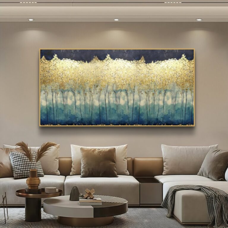 Modern luxury wall art with gold and blue abstract design in a living room setting.