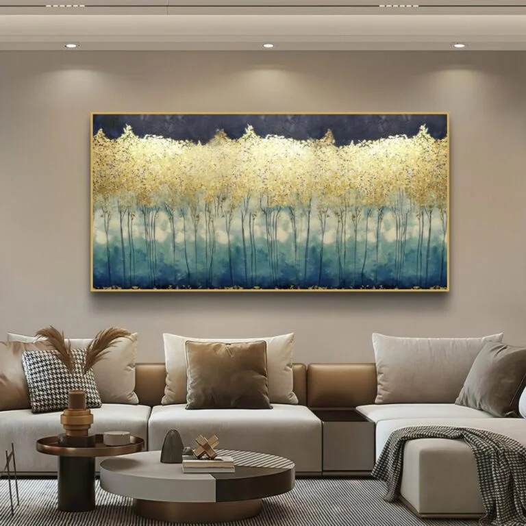 Modern luxury wall art with gold and blue abstract design in a living room setting.