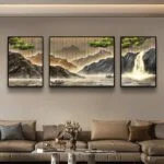 Modern framed wall art with nature scene in a luxury living room setting.