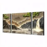 Triptych wall art with mountain and waterfall scene in modern frames.