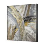Modern abstract wall art with gold and gray tones in a sleek black frame.