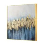 Modern luxury wall art with gold and blue abstract design in a gold frame.