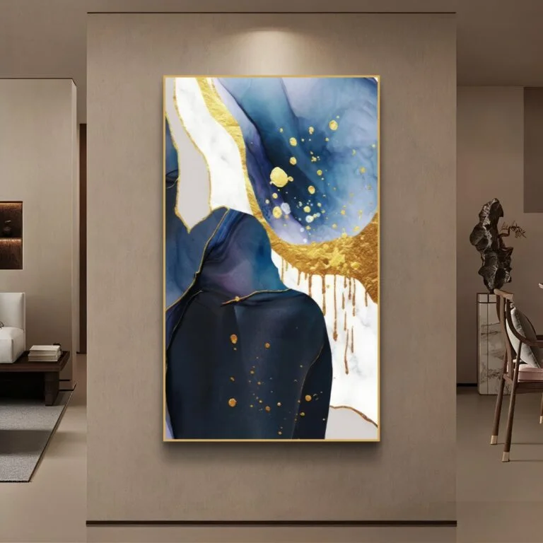 Modern abstract wall art with blue and gold accents in a luxury home setting.