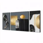 Modern abstract wall art triptych with gold and black geometric designs.