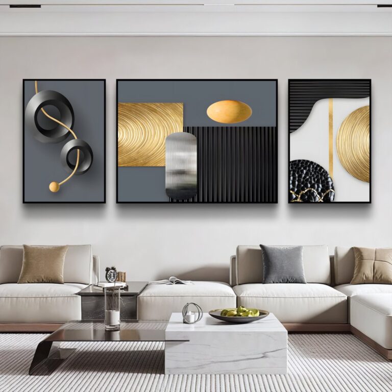 Modern luxury living room with abstract framed wall art and elegant decor.