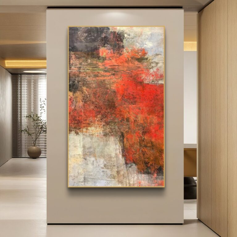 Modern abstract wall art with vibrant colors in a luxury home setting.