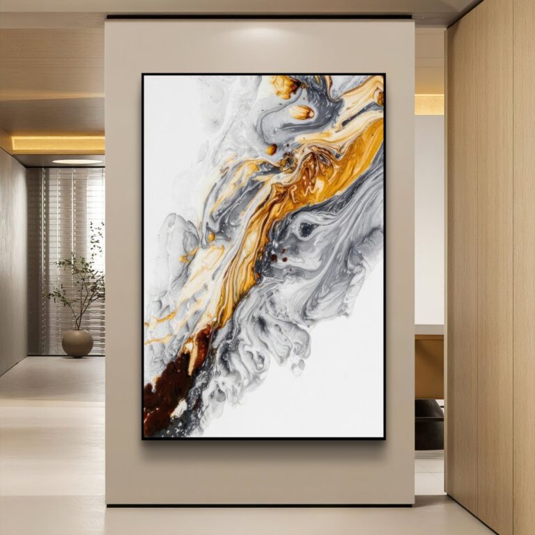 Modern abstract wall art with swirling gold and gray patterns in a sleek hallway.