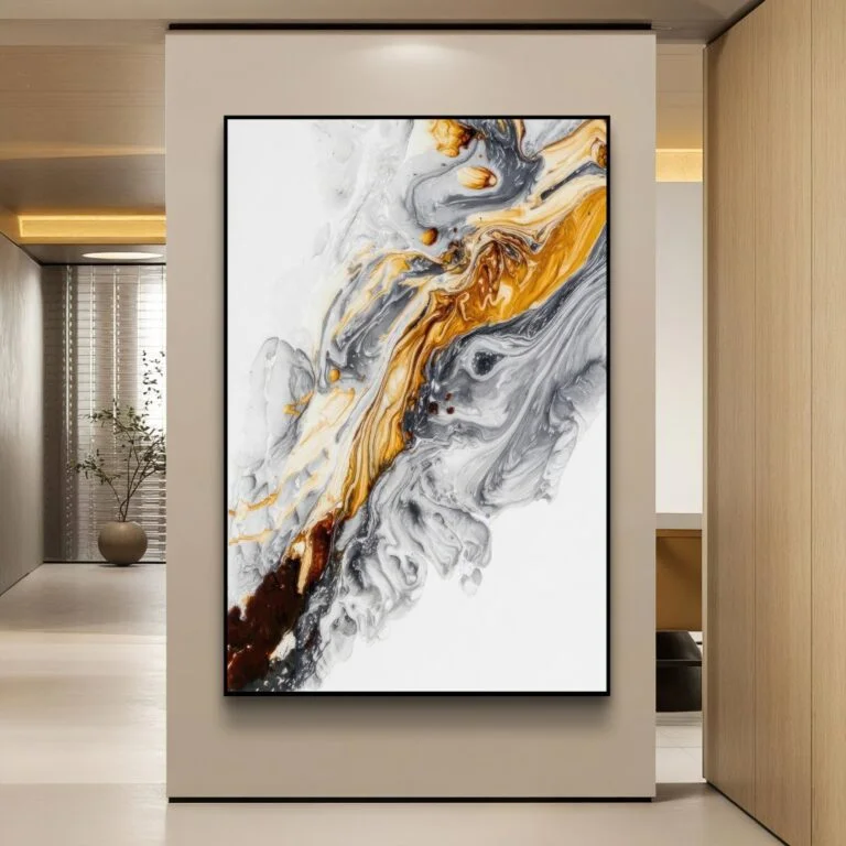 Modern abstract wall art with swirling gold and gray patterns in a sleek hallway.