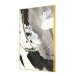 Modern abstract wall art with gold aluminum frame, featuring black, white, and gray brushstrokes.