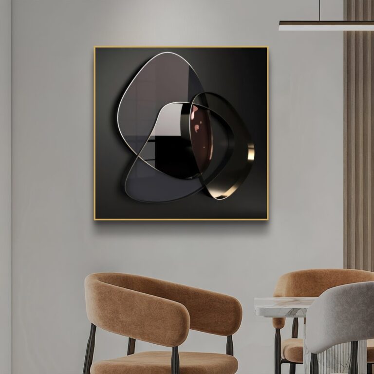 Modern luxury wall art with abstract design in a stylish living room setting.