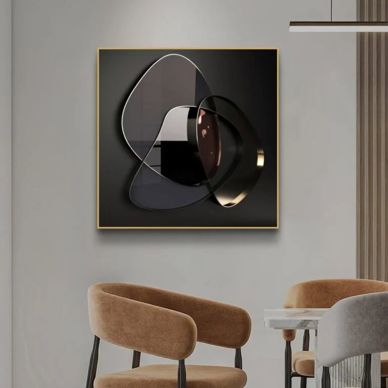 Modern luxury wall art with abstract design in a stylish living room setting.
