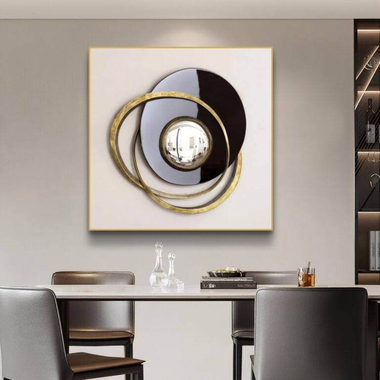 Modern luxury wall art with gold and black circular design in a dining room setting.