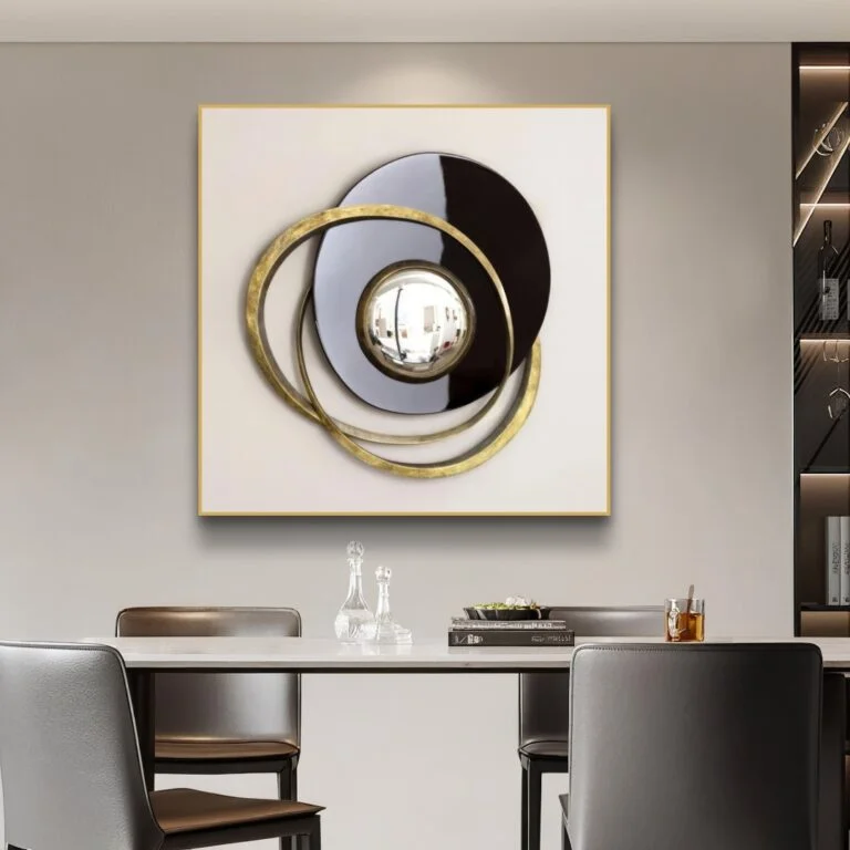 Modern luxury wall art with gold and black circular design in a dining room setting.