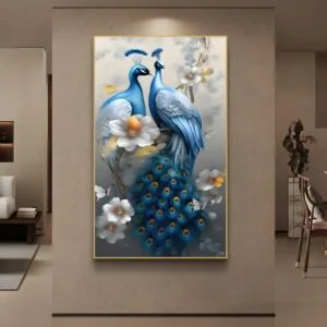 Luxury framed wall art featuring blue peacocks and flowers, perfect for modern home decor.