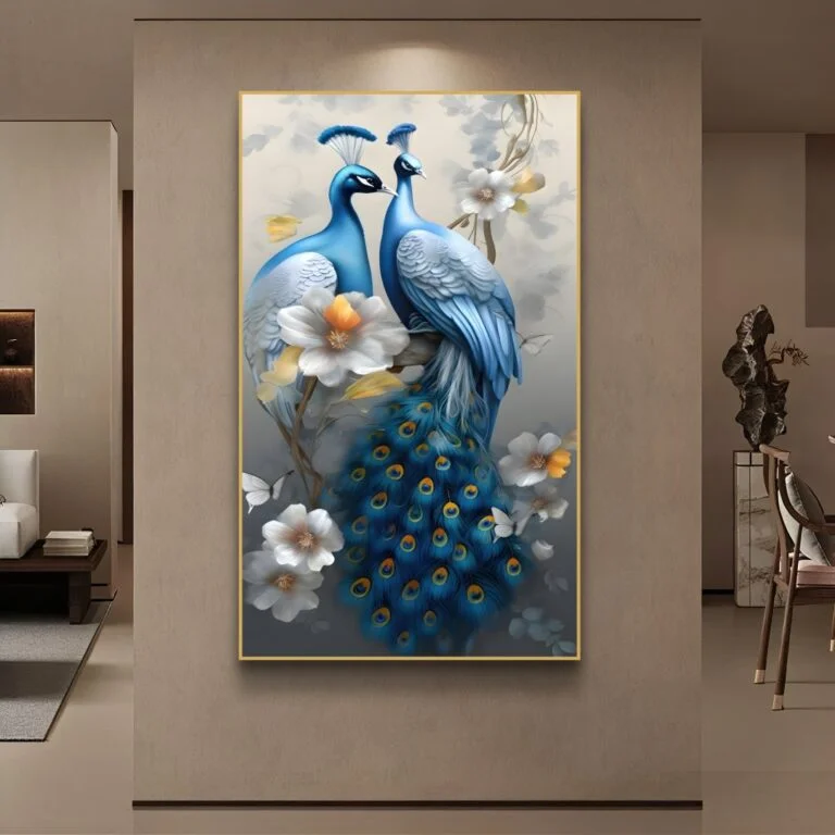 Luxury framed wall art featuring blue peacocks and flowers, perfect for modern home decor.