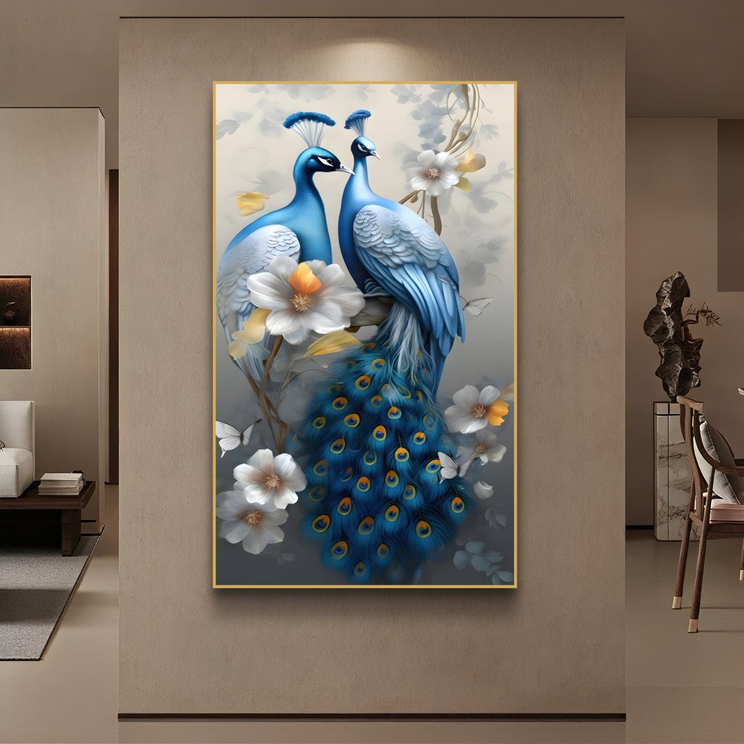 Luxury framed wall art featuring blue peacocks and flowers, perfect for modern home decor.