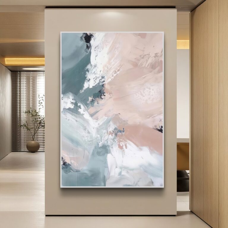 Modern abstract wall art in soft pastel colors, framed and displayed in a luxury home setting.