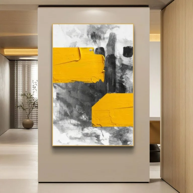 Modern abstract wall art with bold yellow and black brushstrokes in a sleek hallway setting.