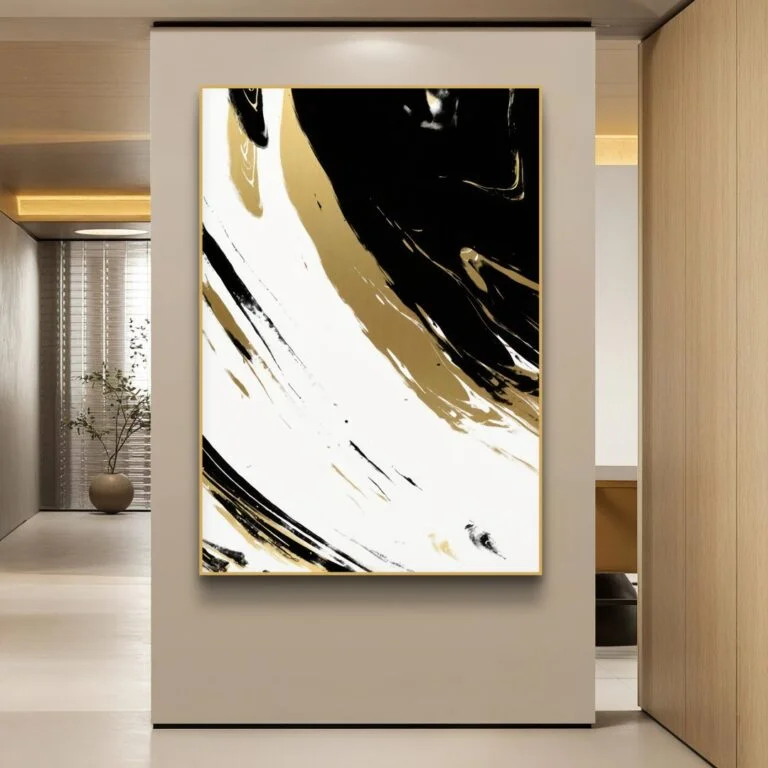 Modern abstract wall art with black, white, and gold swirls in a hallway setting.