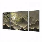 Triptych wall art with mountain landscape and tree branches, modern home decor.