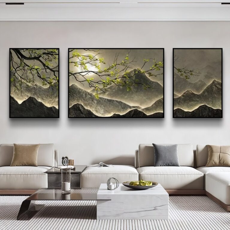 Modern framed wall art with mountain landscape in a luxury living room setting.