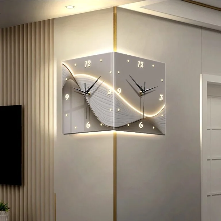 Modern LED wall clock with dual time display and illuminated design in a luxury home setting.