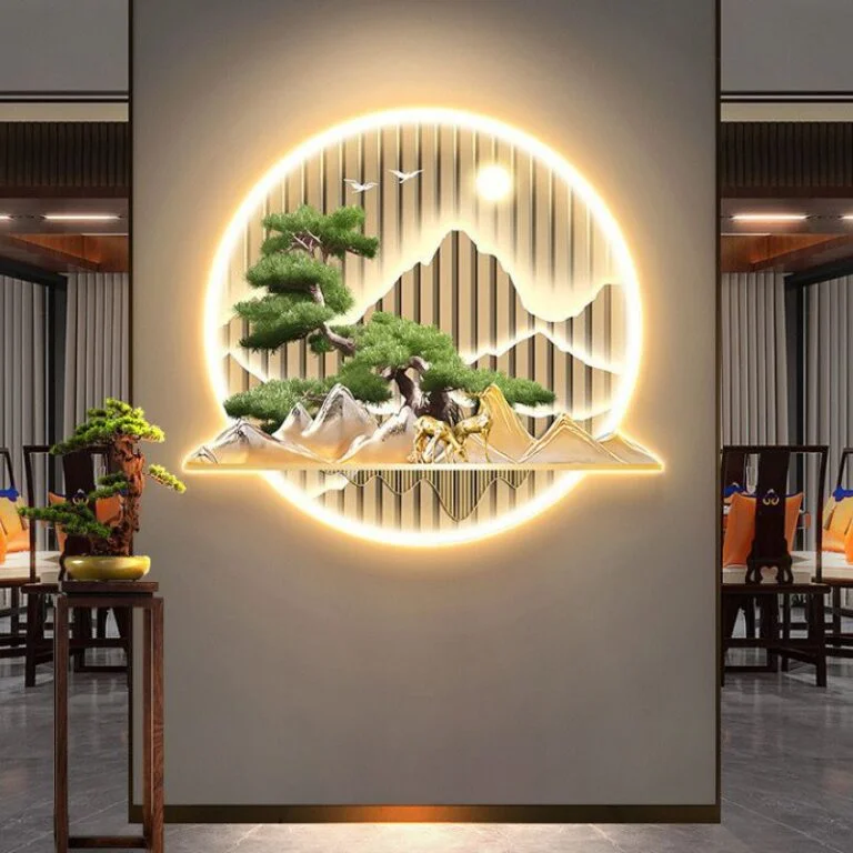 Illuminated modern wall art with nature scene and LED lighting in a luxury home setting.
