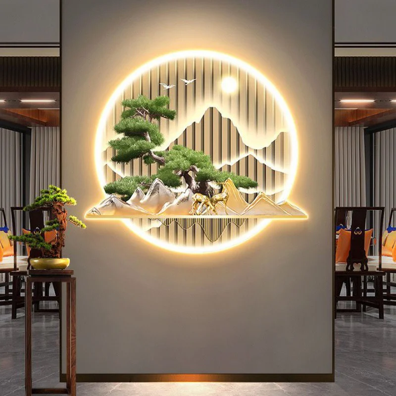 Illuminated modern wall art with nature scene and LED lighting in a luxury home setting.