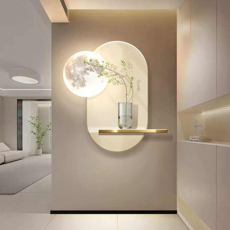 Modern illuminated wall art with vase and plant on a shelf in a luxury home interior.