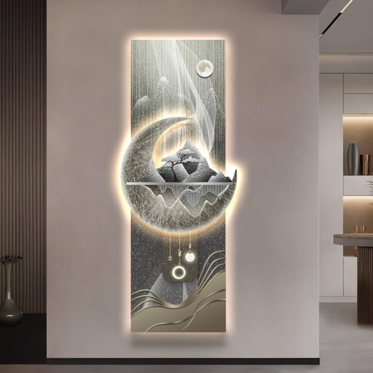 Illuminated modern wall art with abstract design in a luxury home setting.