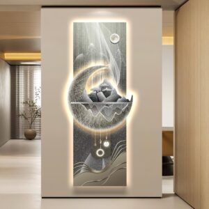 Illuminated modern wall art with abstract landscape and LED lighting in a luxury home setting.