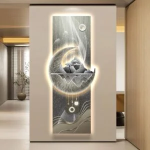 Illuminated modern wall art with abstract landscape and LED lighting in a luxury home setting.