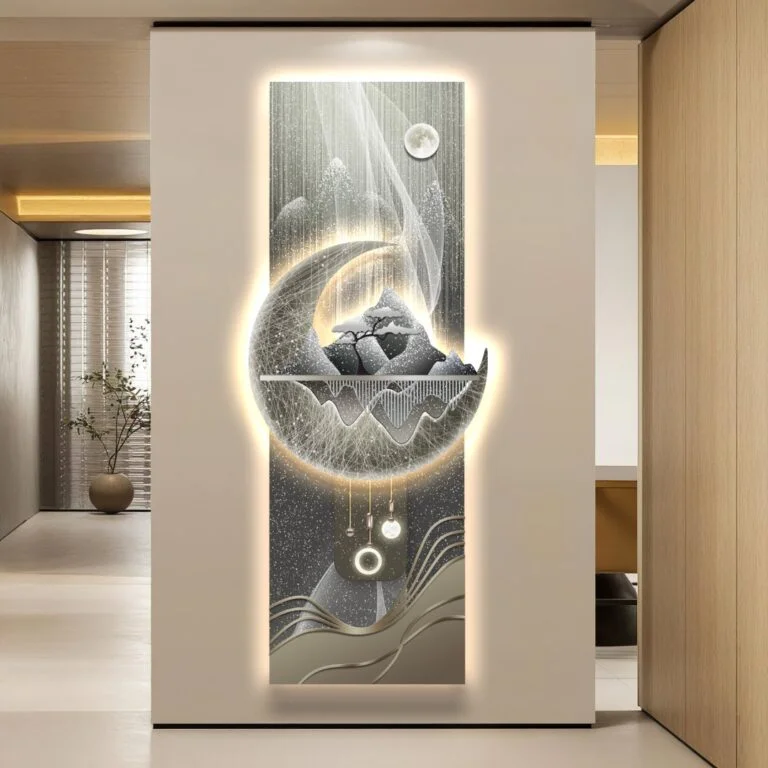 Illuminated modern wall art with abstract landscape and LED lighting in a luxury home setting.