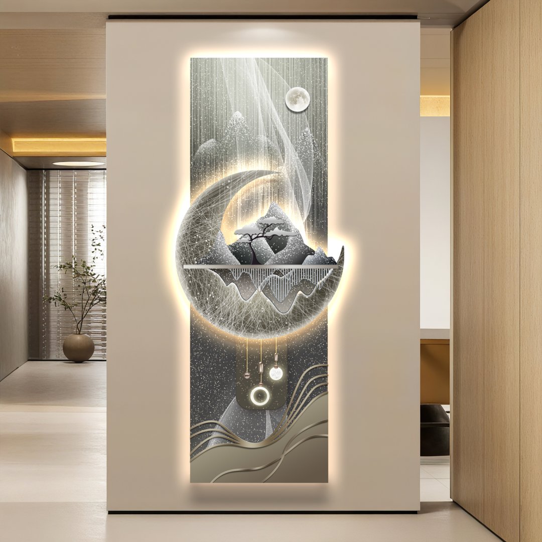 Illuminated modern wall art with abstract landscape and LED lighting in a luxury home setting.