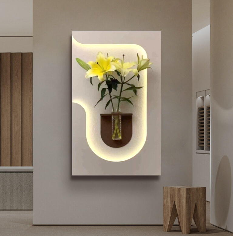 Illuminated wall art with flowers in a vase, modern home decor.