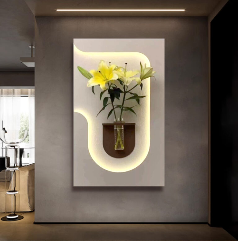 Illuminated wall art with flowers in a vase, modern home decor.